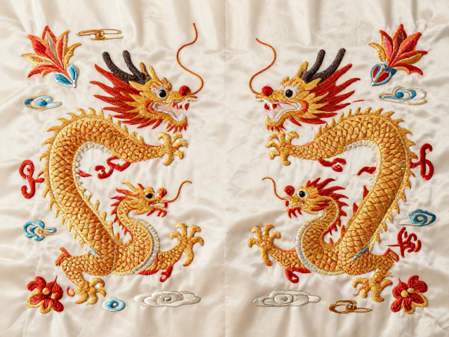 龙凤刺绣汉服纹样，双龙戏珠配凤绢布底料，尽显东方美学