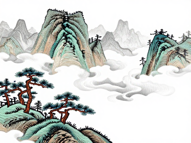 山水刺绣矢量图，松壑飞瀑云雾留白，尽显东方含蓄之美