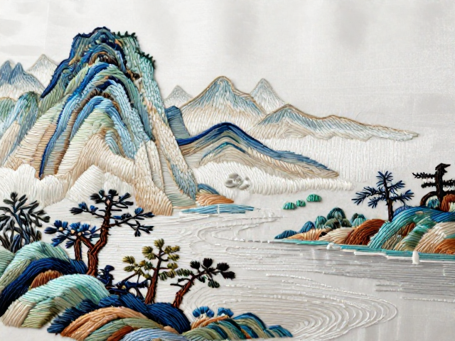 乱针绣山水礼服纹样，远近虚实分明，打造高级感国风穿搭