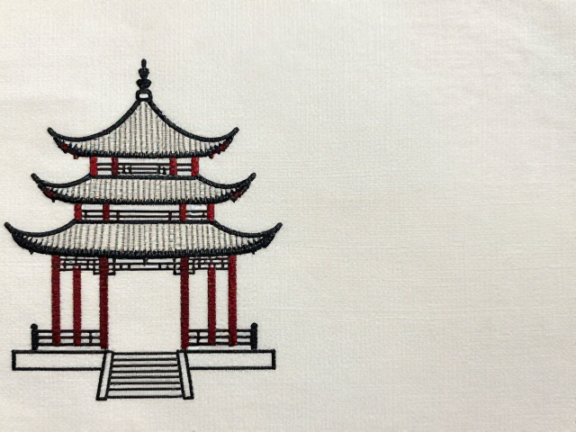 写意人物刺绣纹样中的亭台楼阁，描图纸上的东方美学