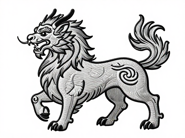 瑞兽刺绣设计素材，鬃毛层次与纹样对称饱满的艺术解析