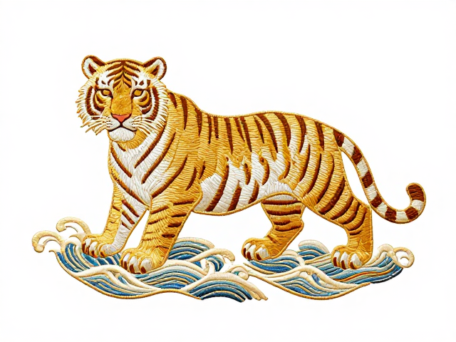 老虎瑞兽金线刺绣纹样，海水江崖衬托尽显华丽风韵