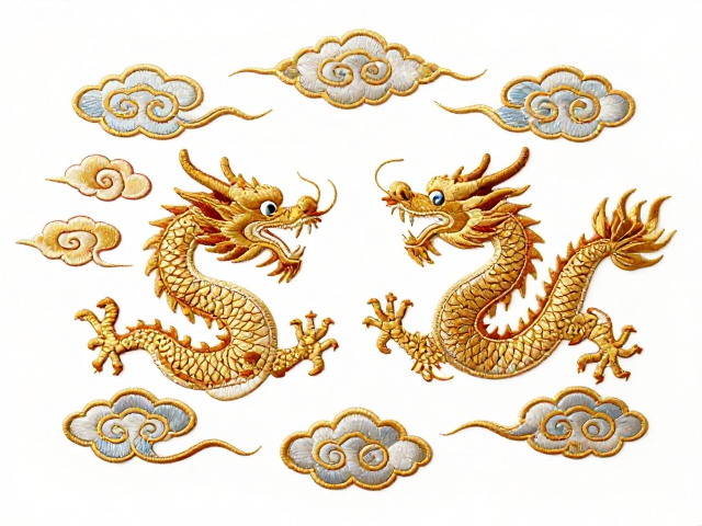云纹刺绣定制纹样，金银线勾勒龙凤祥云，打造高端国风刺绣