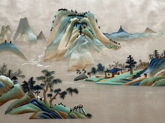 真丝绣线挂幅刺绣，山水风景形制配饰，尽显东方雅致