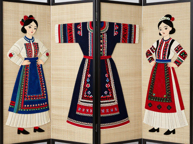 织绣复合工艺屏风，民间服饰传承之美，屏风挂画艺术鉴赏