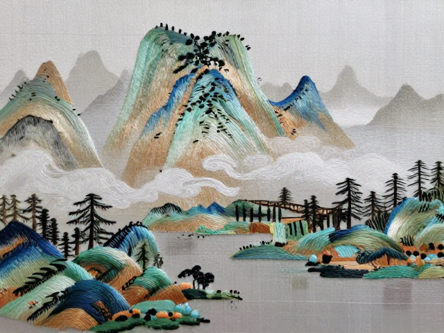 写实湘绣山水游针技法，细腻针法勾勒自然山水之美