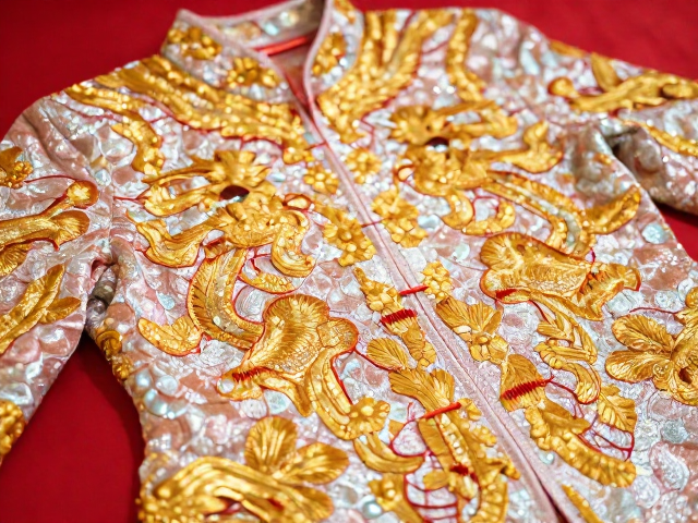传统盛金绣婚服定制，锁边针工艺，满足稳定礼服需求