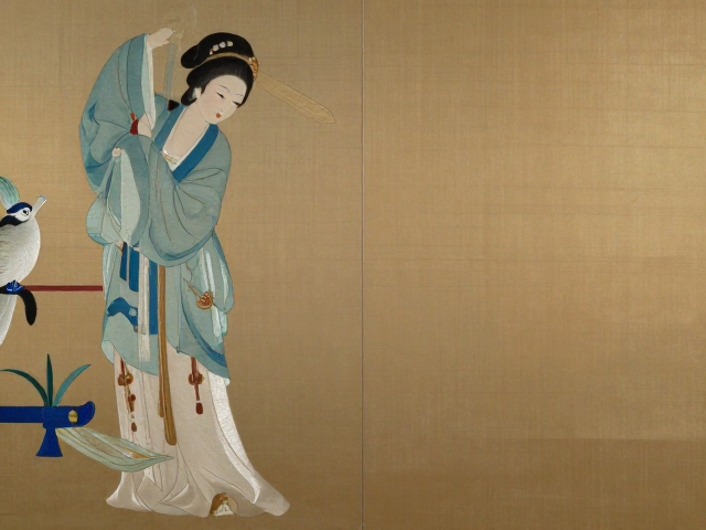 虚实绣屏风装饰，冷暖衔接柔和，细腻人物衣纹尽显东方雅韵