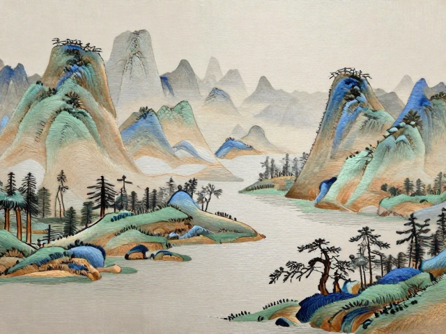 写意山水刺绣纹样，平远构图与丝理的艺术融合之美