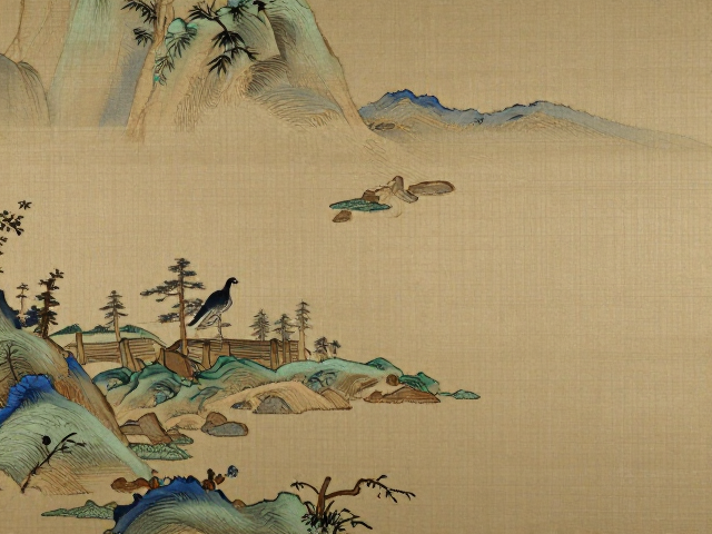 工笔山水刺绣纹样，绢布底料与虚实针的意境之美