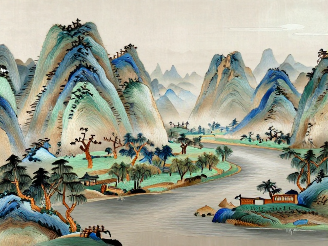 桂林山水真丝绣线手绘稿，传统山水刺绣艺术赏析