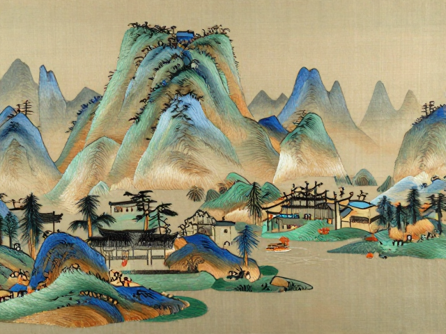 丝线色彩与针法在山水表现中的运用