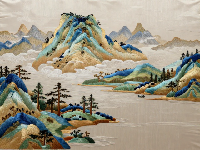 山水刺绣挂幅纹样，远近层次配色打造宁静致远意境