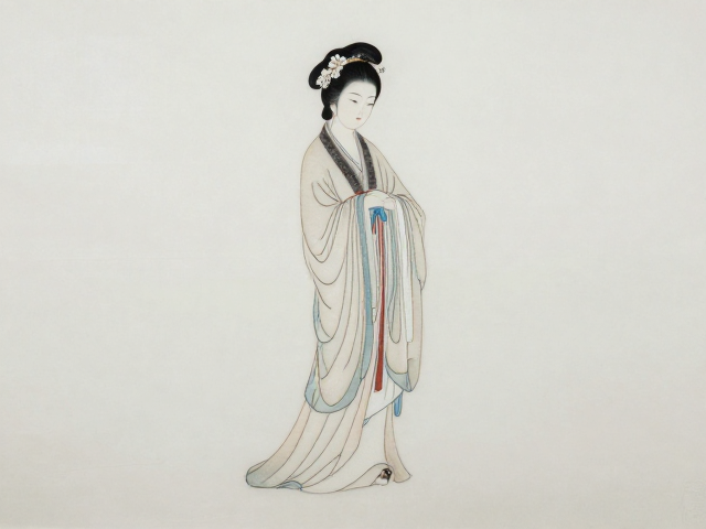 工笔人物刺绣单人立像，细密流畅线条勾勒极致美感