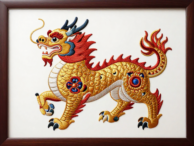 麒麟瑞兽刺绣纹样赏析，兽首威严生动，玻璃框装裱更显雅致