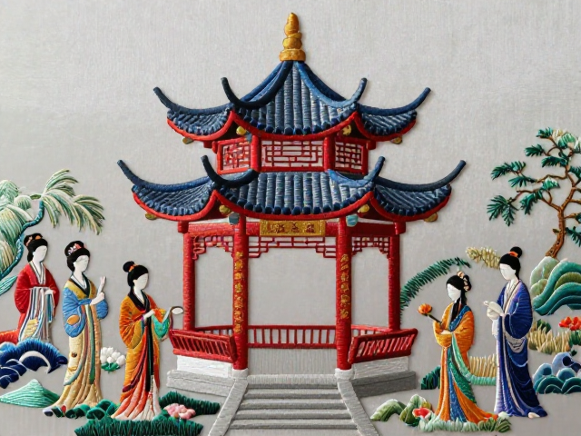 亭台楼阁背景刺绣，非遗人物纹样的古典美学与视觉张力