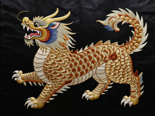 瑞兽刺绣屏风，真丝绣线打造鳞羽层次分明之美