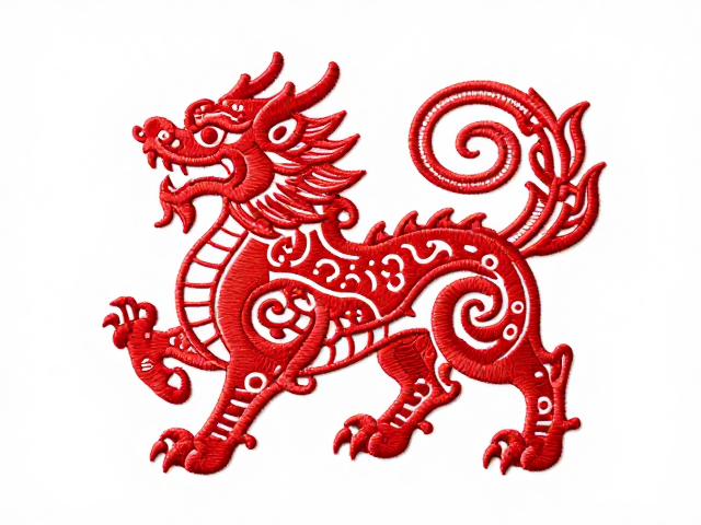 瑞兽刺绣挂幅纹样，线条盘绕流畅，打造节庆摆件高级感