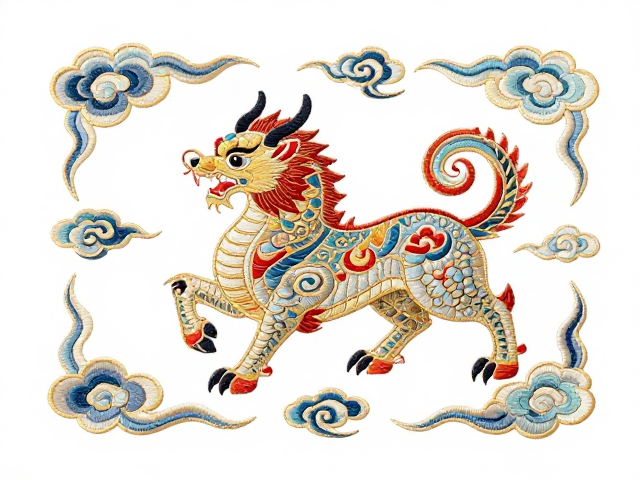 瑞兽刺绣家纺纹样，云纹环绕设计，避免折叠挤压更美观