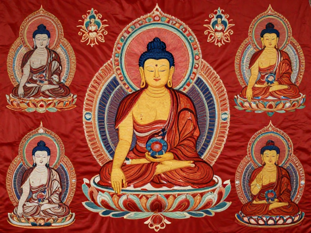 朱红吉祥佛像刺绣屏风纹样，融合敦煌壁画元素影响