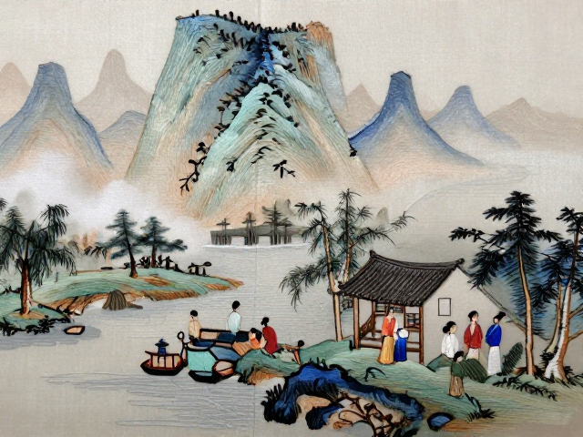 上海顾绣传习所，山水人物题材仿书画色调绣作赏析