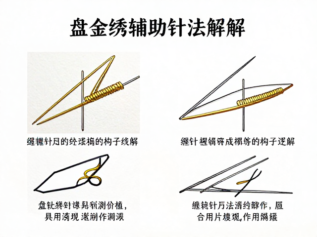 盘金绣辅助针法详解，缠针绣工艺技法层次清晰解析