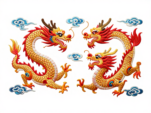 龙凤呈祥刺绣图案，云纹点缀龙身矫健蜿蜒，尽显东方神韵与匠心之美