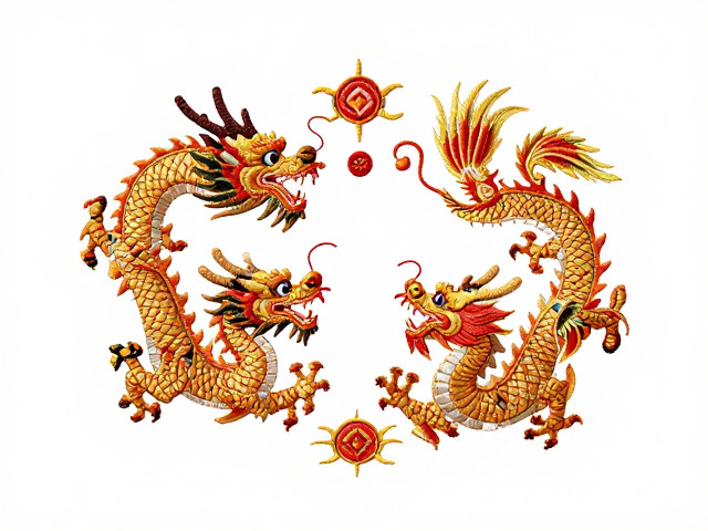 龙凤刺绣摆件纹样解析，局部点缀式双龙戏珠配凤的吉祥寓意