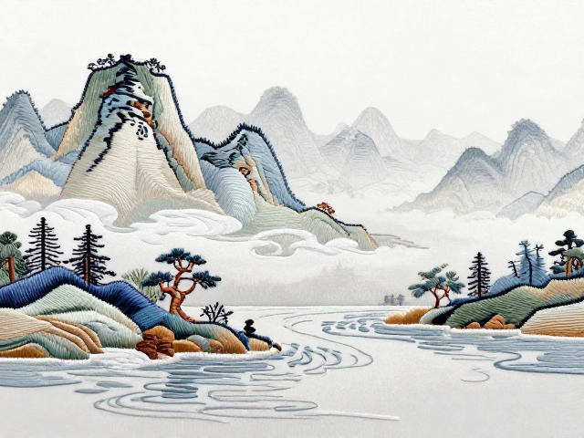 山水刺绣纹样，智者乐水，云雾留白含蓄之美
