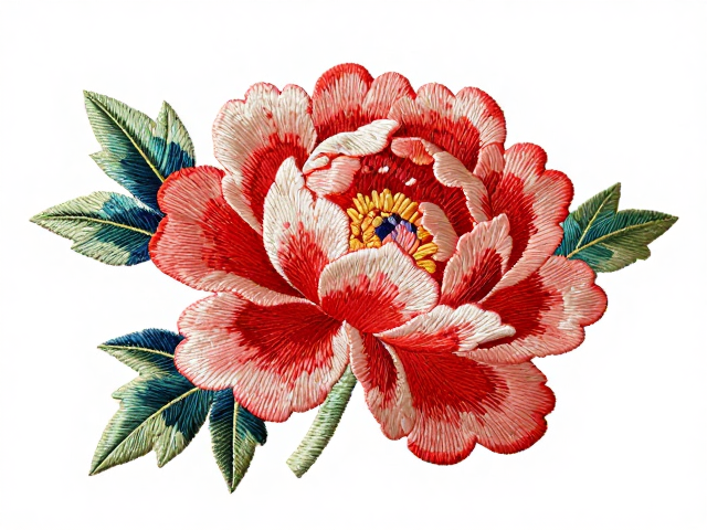 牡丹花卉刺绣纹样赏析，花瓣转折自然，寓意富贵吉祥