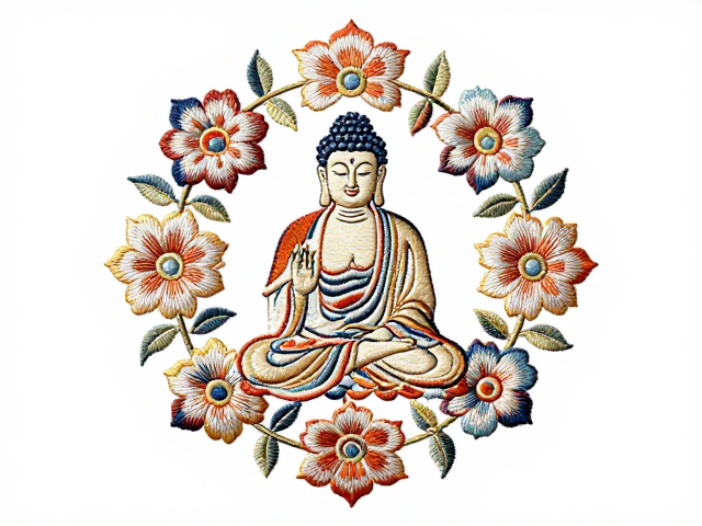 半身佛像刺绣纹样中的宝相花寓意与工艺解析