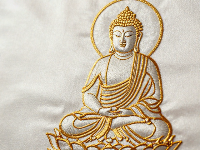 佛像刺绣家纺纹样，金线勾勒精致，套针技法详解
