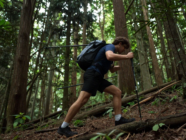 密林穿行侧身技巧,利用登山杖分担压力,保持重心前移稳行