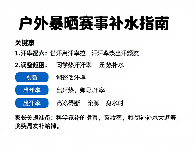 户外暴晒赛事补水指南，根据出汗率调整频次，家长协助准备高效补给