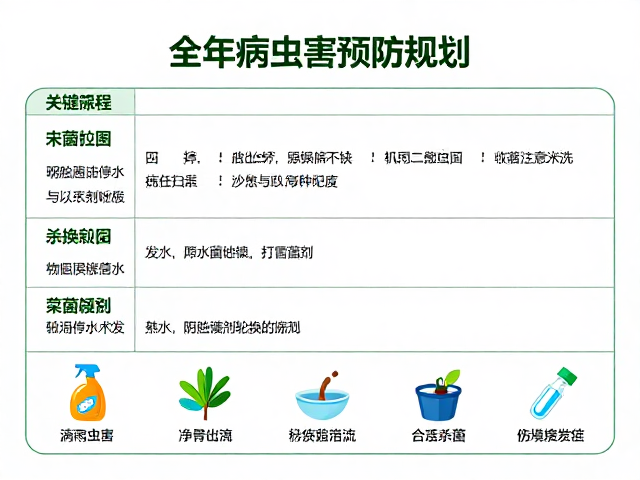 全年病虫害预防规划，阴雨天停水与杀菌剂轮换技巧