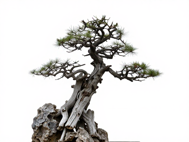 悬崖桩主干走势与枯木山石搭配，老桩造型修剪牵引技巧