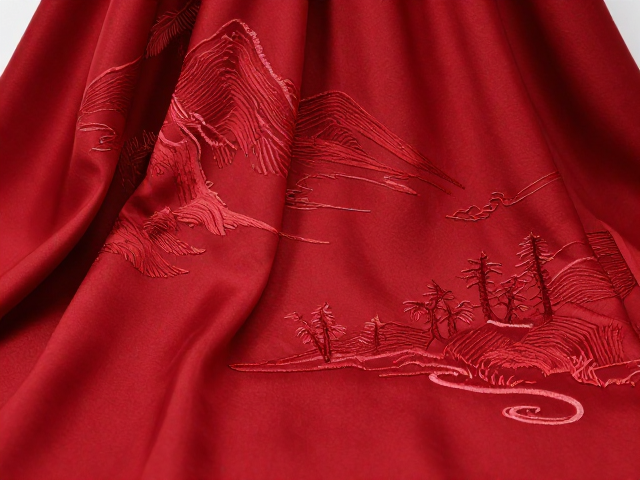 朱砂红山水刺绣披肩,细看收边工艺,尽显东方雅致韵味