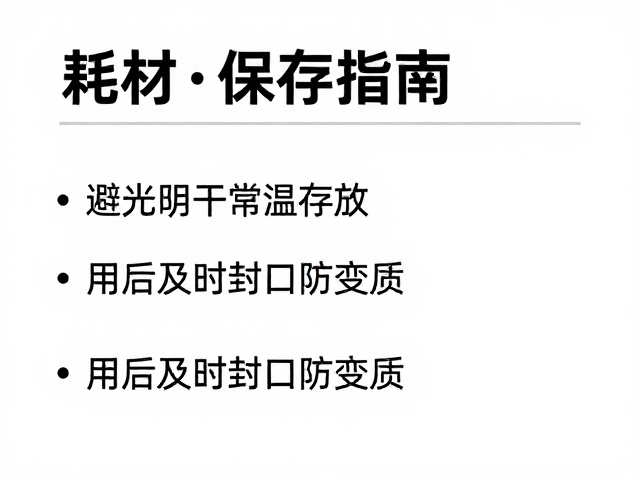 耗材保存指南，避光阴干常温存放，用后及时封口防变质