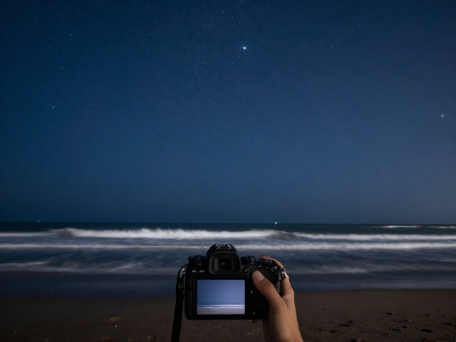 海边夜景延时拍摄,长曝光星空与光轨技巧