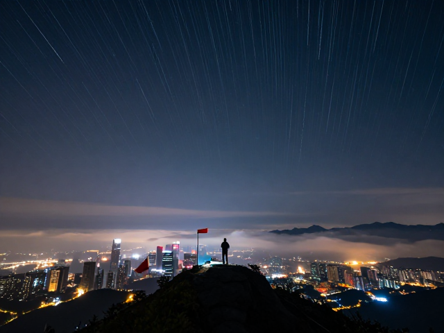 提前构图锁定机位,记录城市灯光星轨与山顶云海夜景
