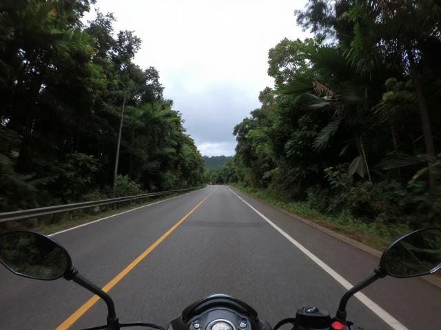 摩托车骑行视角，广角记录道路两侧风光，隧道明暗过渡自然