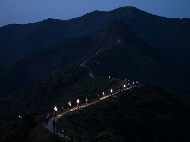 傍晚山林暗光徒步,山脊团队行进实录与拍摄技巧