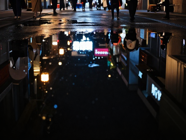 深夜低人流期光源抓拍,利用倒影构图增强氛围感