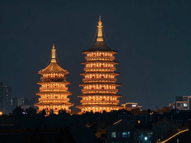 古建筑夜景拍摄,中长焦镜头下的寺庙塔影绝美构图