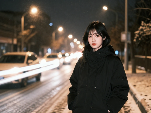雪夜人像拍摄指南,利用车灯光轨打造唯美夜景大片