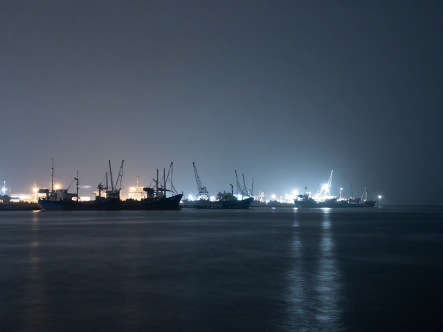 海边港口朦胧夜景拍摄技巧,白平衡偏冷打造清冷氛围感