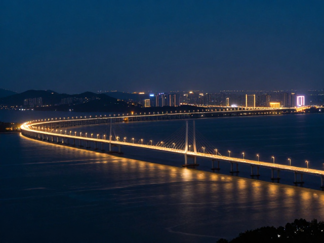 跨江大桥夜景与远处楼宇灯带交织，邂逅绝美海岸夜景