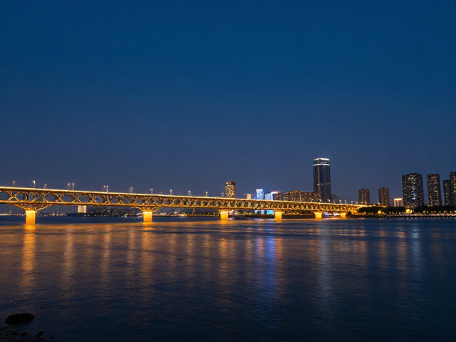 滨江夜色层次丰富，桥梁轮廓勾勒绝美夜景，打卡指南