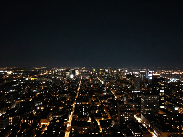 高空夜景斜俯视角,天空与灯光氛围增强,打造极致视觉盛宴
