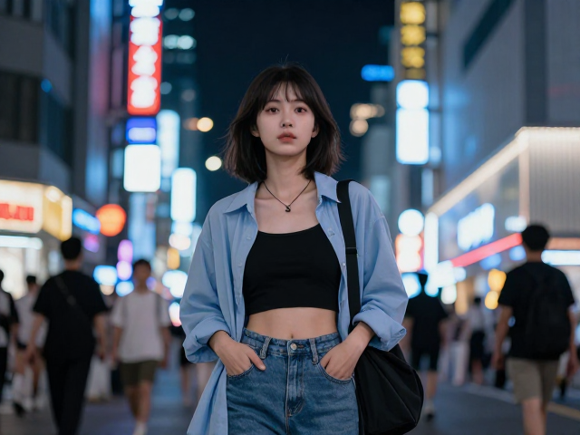 商圈高峰夜机能风穿搭,解锁绝美夜间人像机位攻略